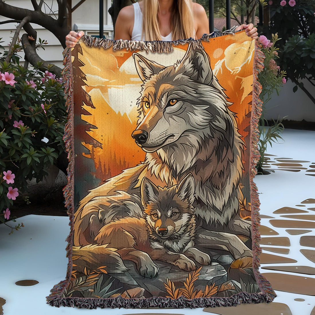 Mom and Baby Wolf Woven Blanket