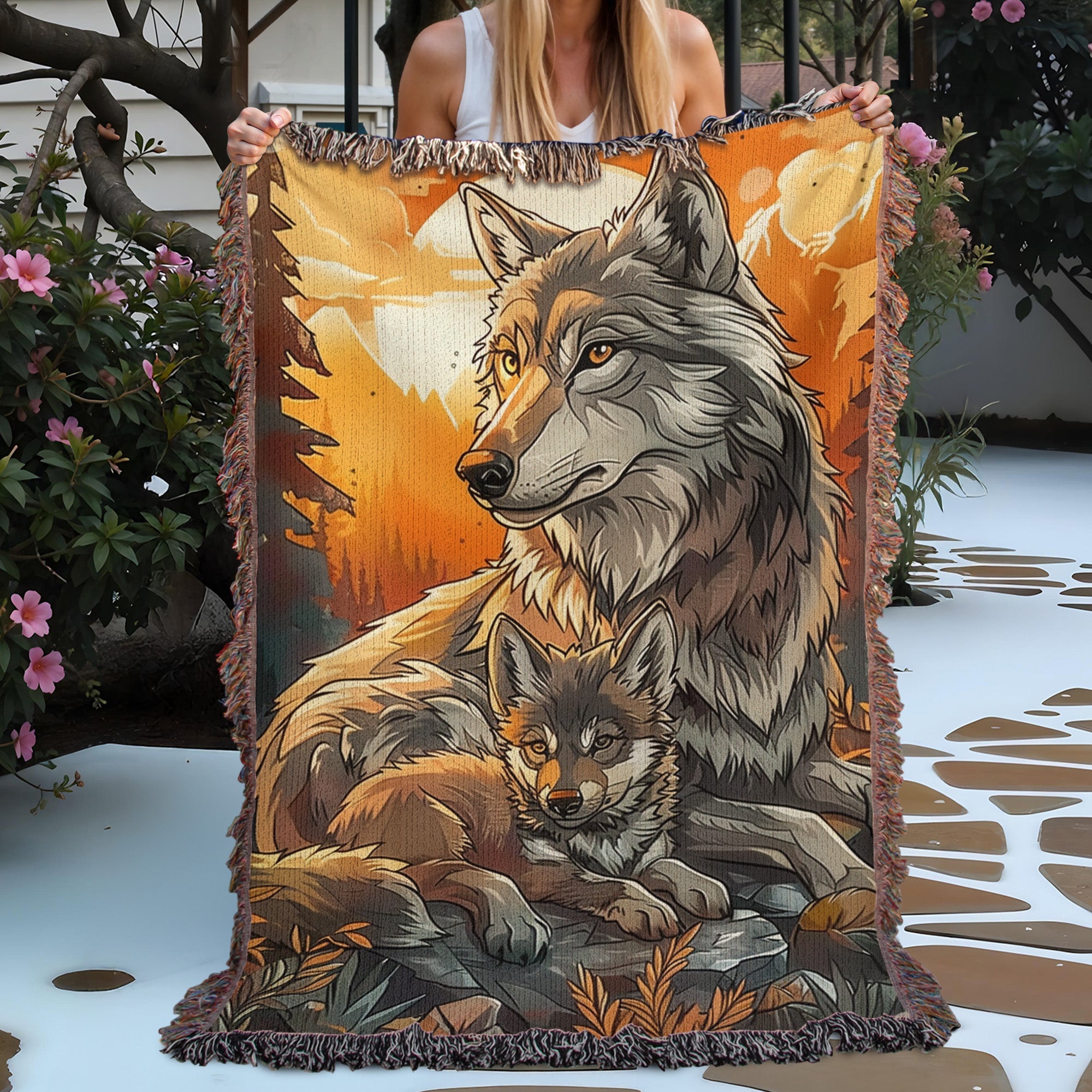 Mom and Baby Wolf Woven Blanket