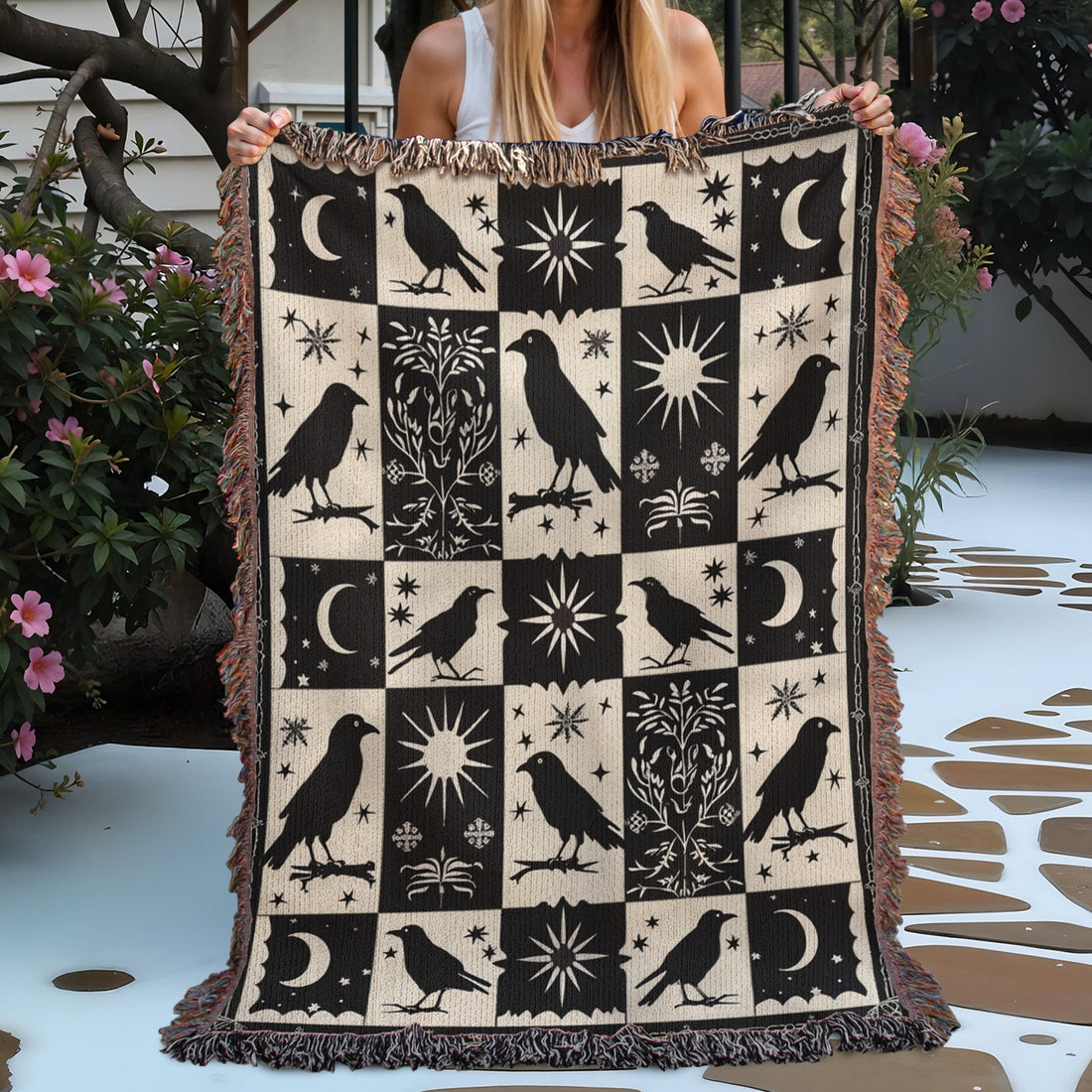 Black Crow Moon Woven Blanket