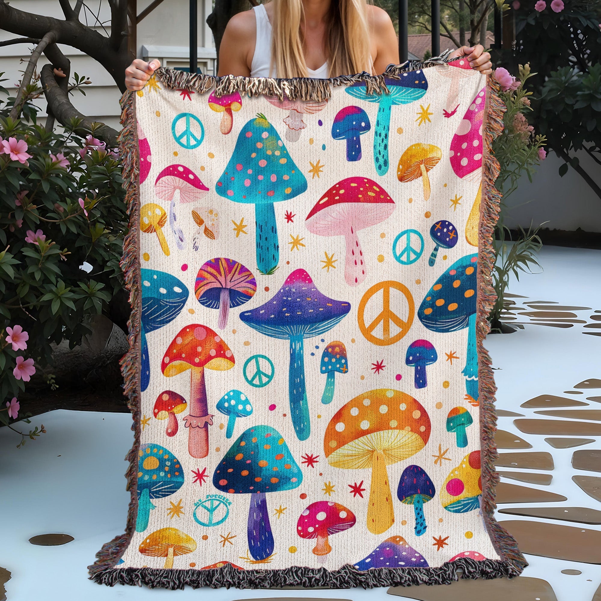 Mushroom Peace Woven Blanket