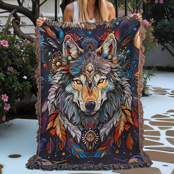 Wolf and vibrant feathers Woven Blanket