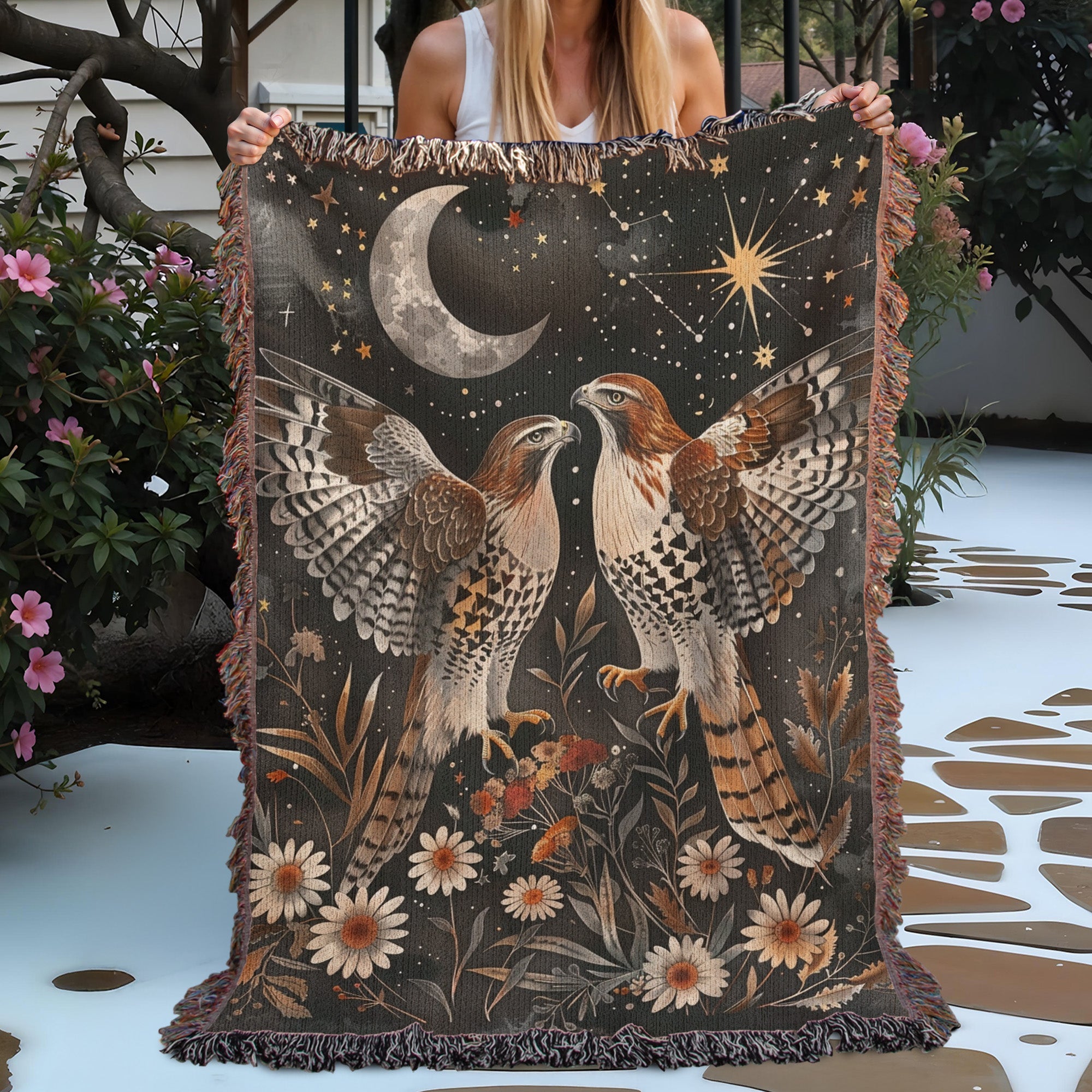 Red Tail Hawk Couple Woven Blanket