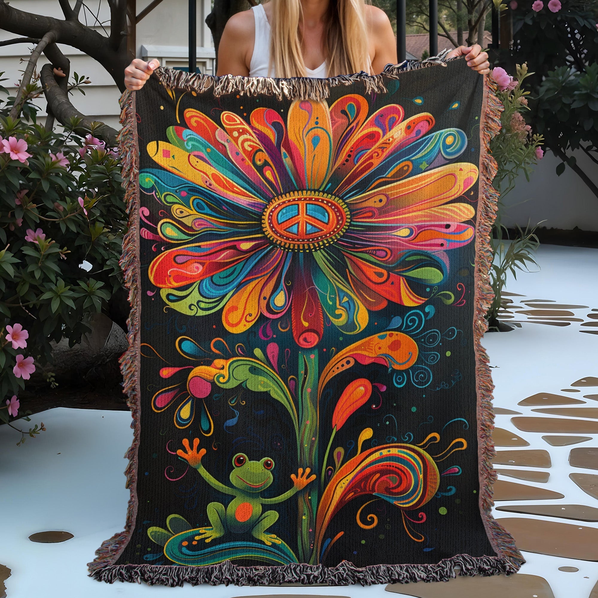 Hippie Frog Flower Woven Blanket