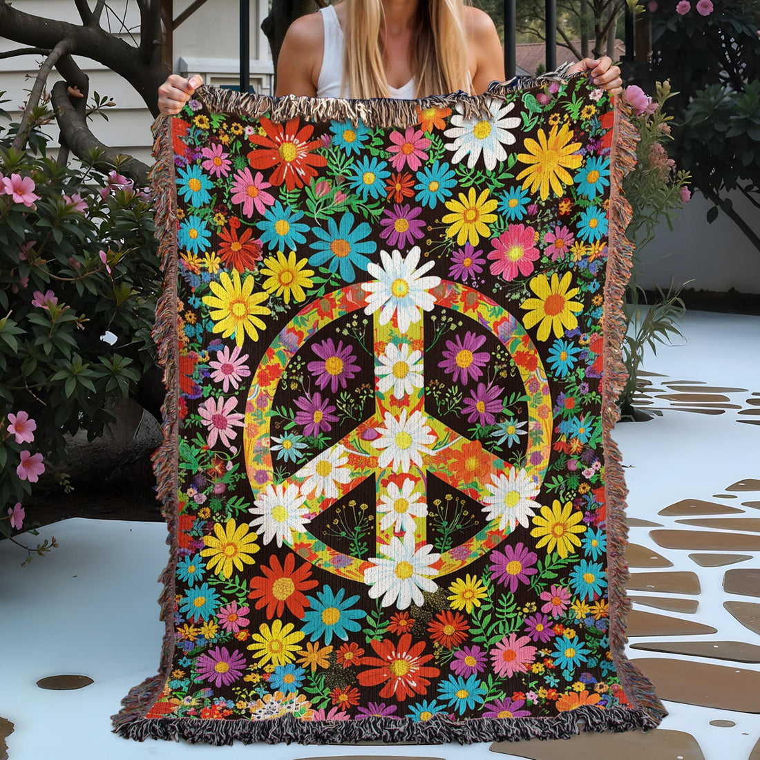 Hippie Flower Peace Woven Blanket