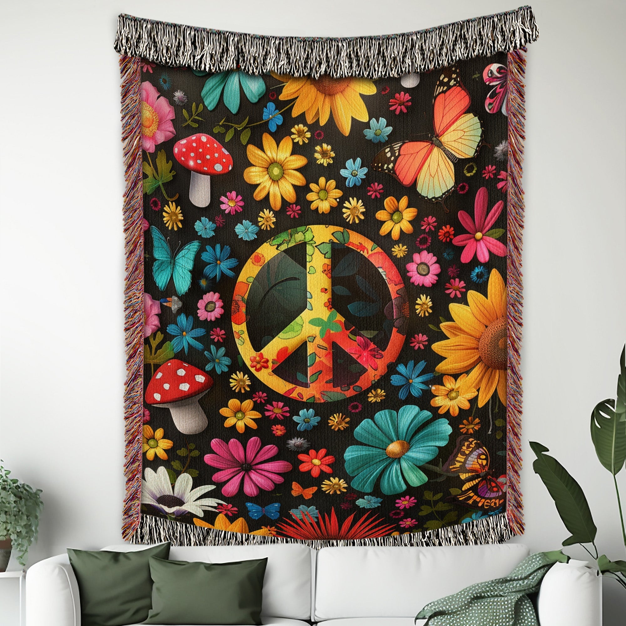 Hippie Peace Mushroom Butterfly Woven Blanket