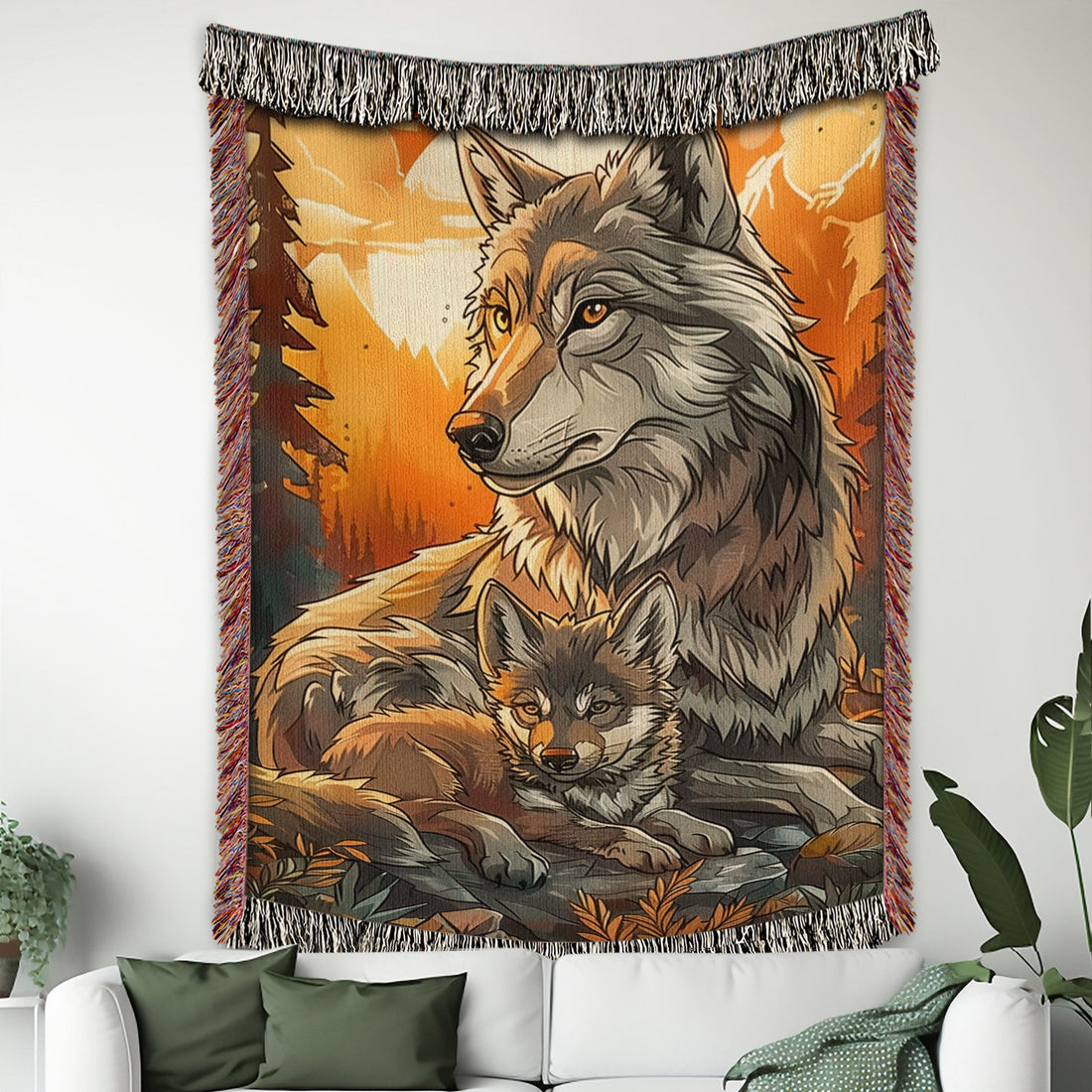 Mom and Baby Wolf Woven Blanket