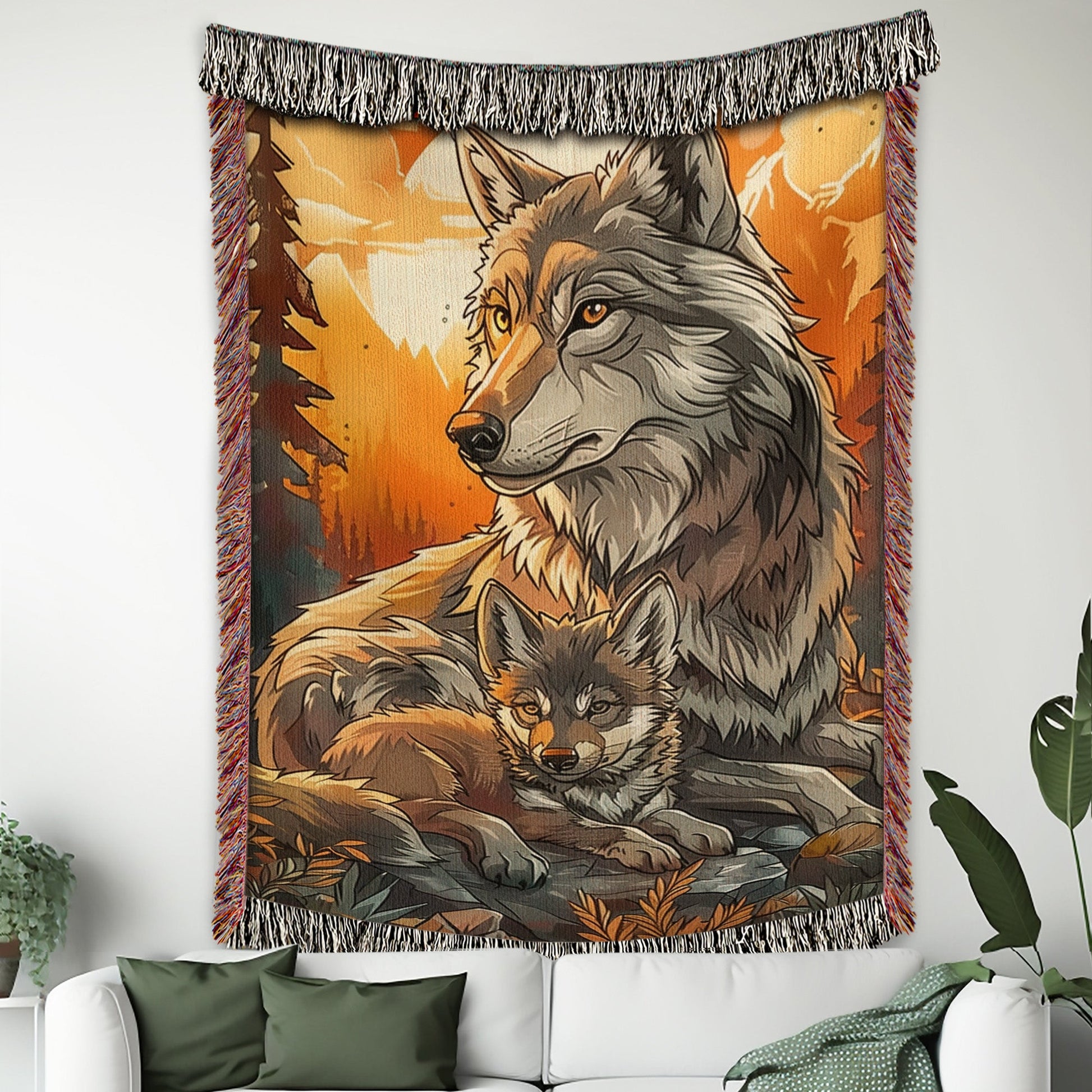 Mom and Baby Wolf Woven Blanket