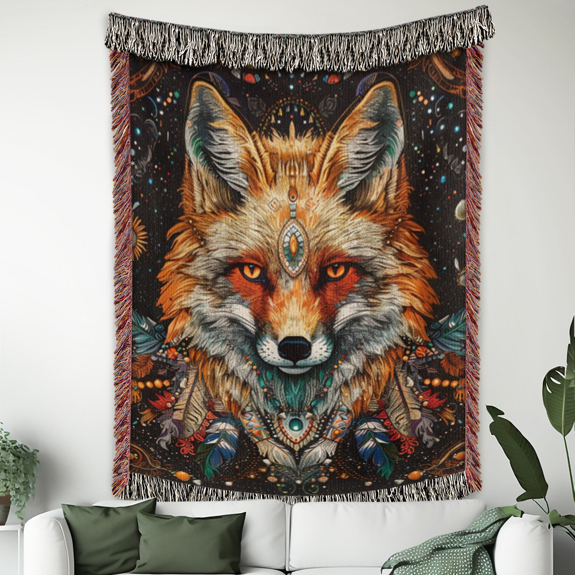 Fox and Vibrant Feathers Woven Blanket