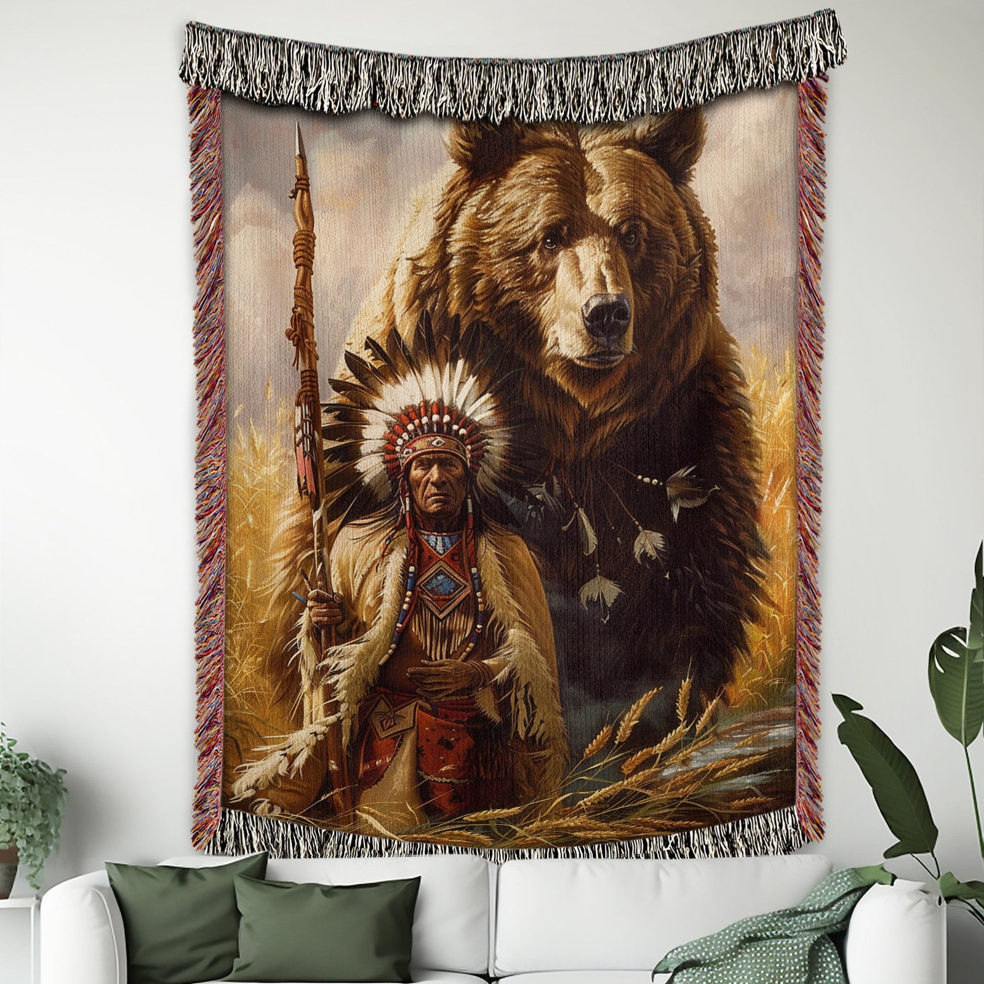 Bear and Native Woven Blanket