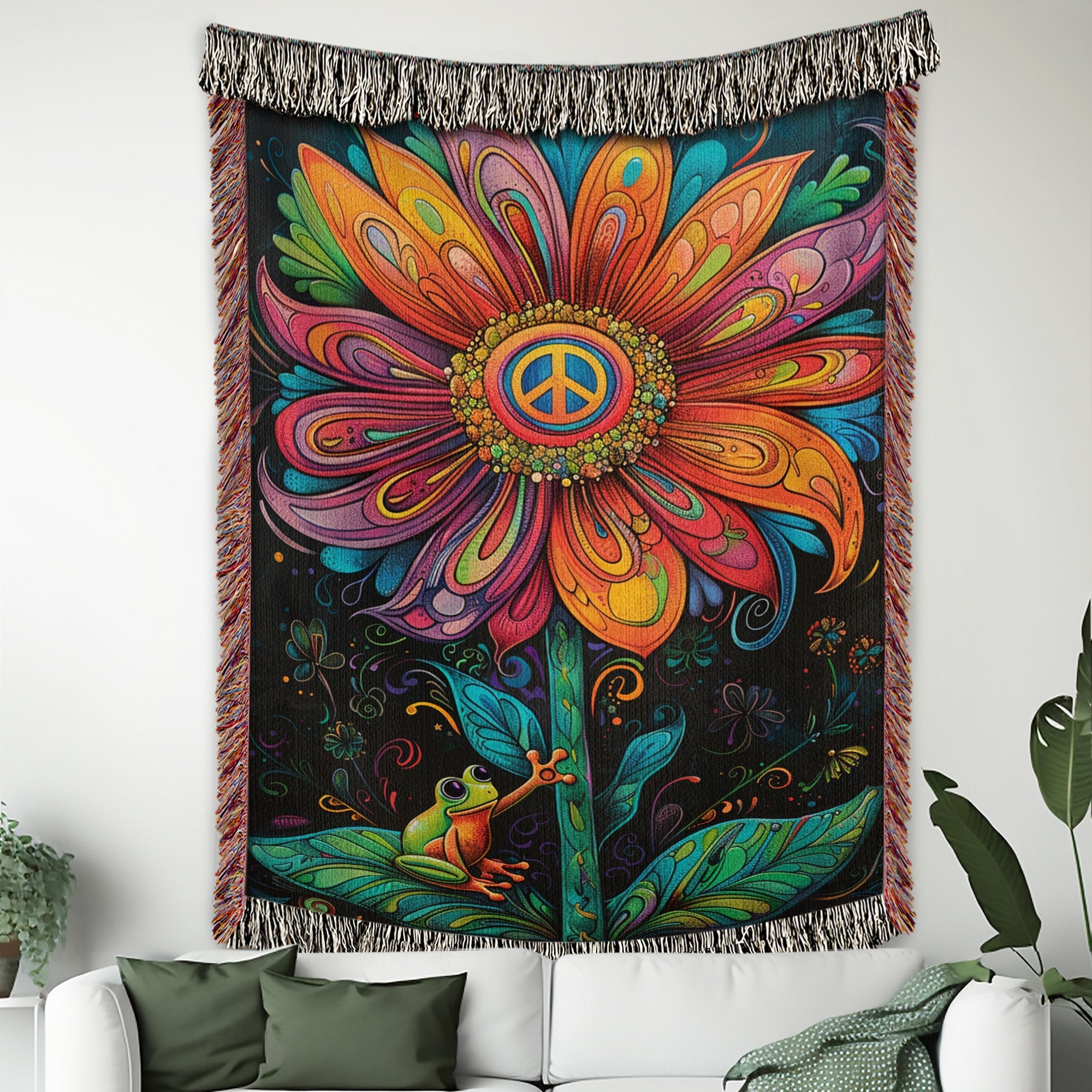 Frog Daisy Peace Woven Blanket