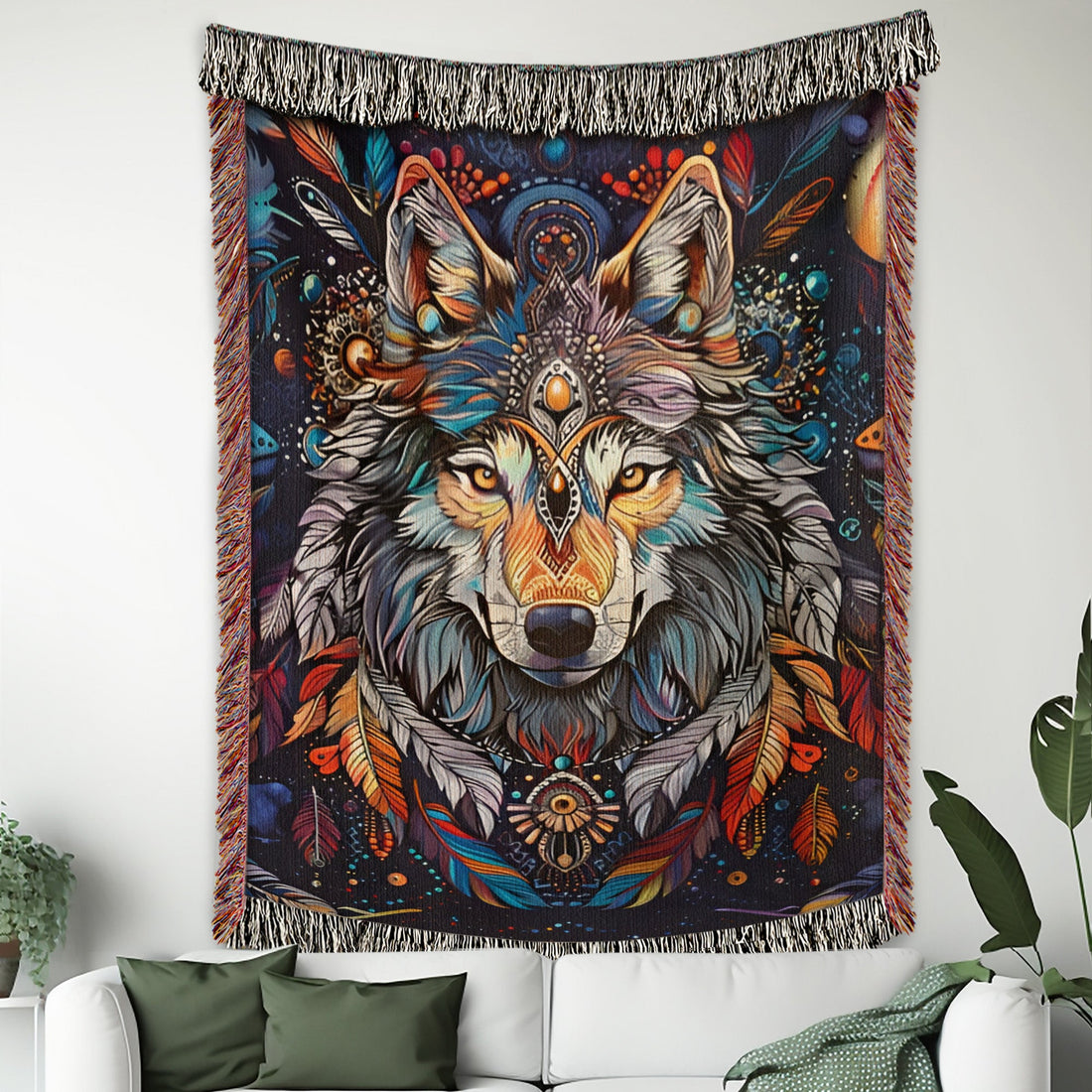 Wolf and vibrant feathers Woven Blanket