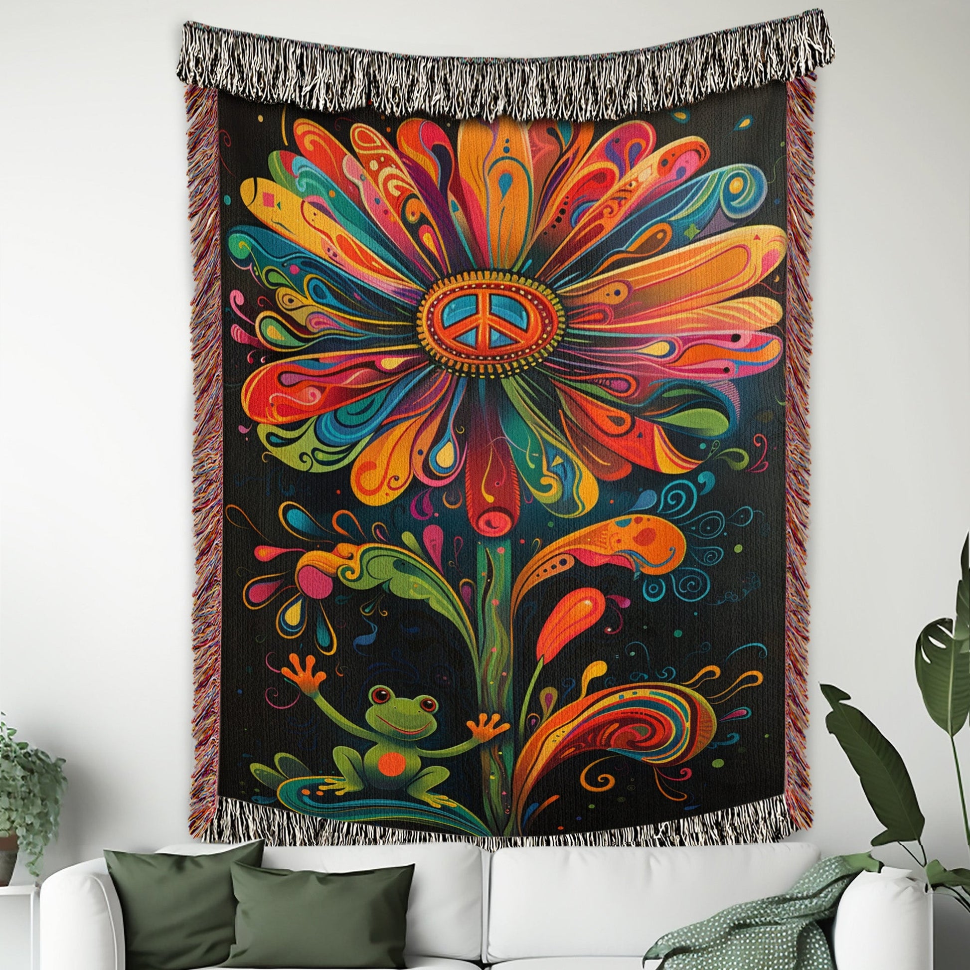 Hippie Frog Flower Woven Blanket