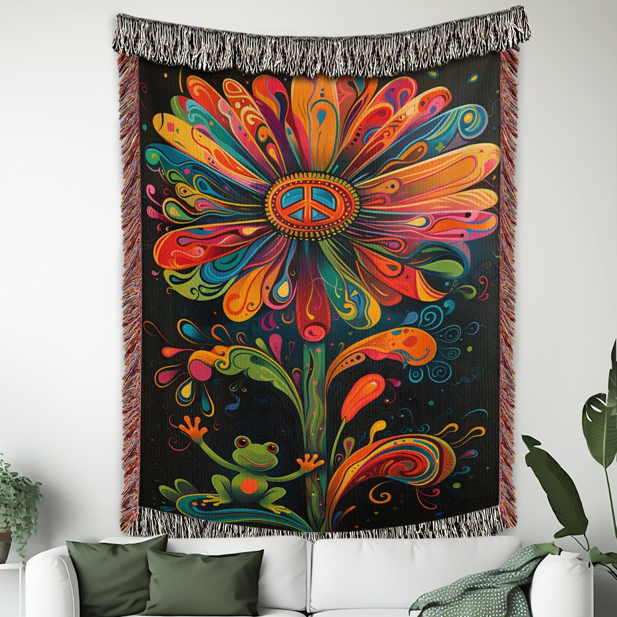 Hippie Frog Flower Woven Blanket