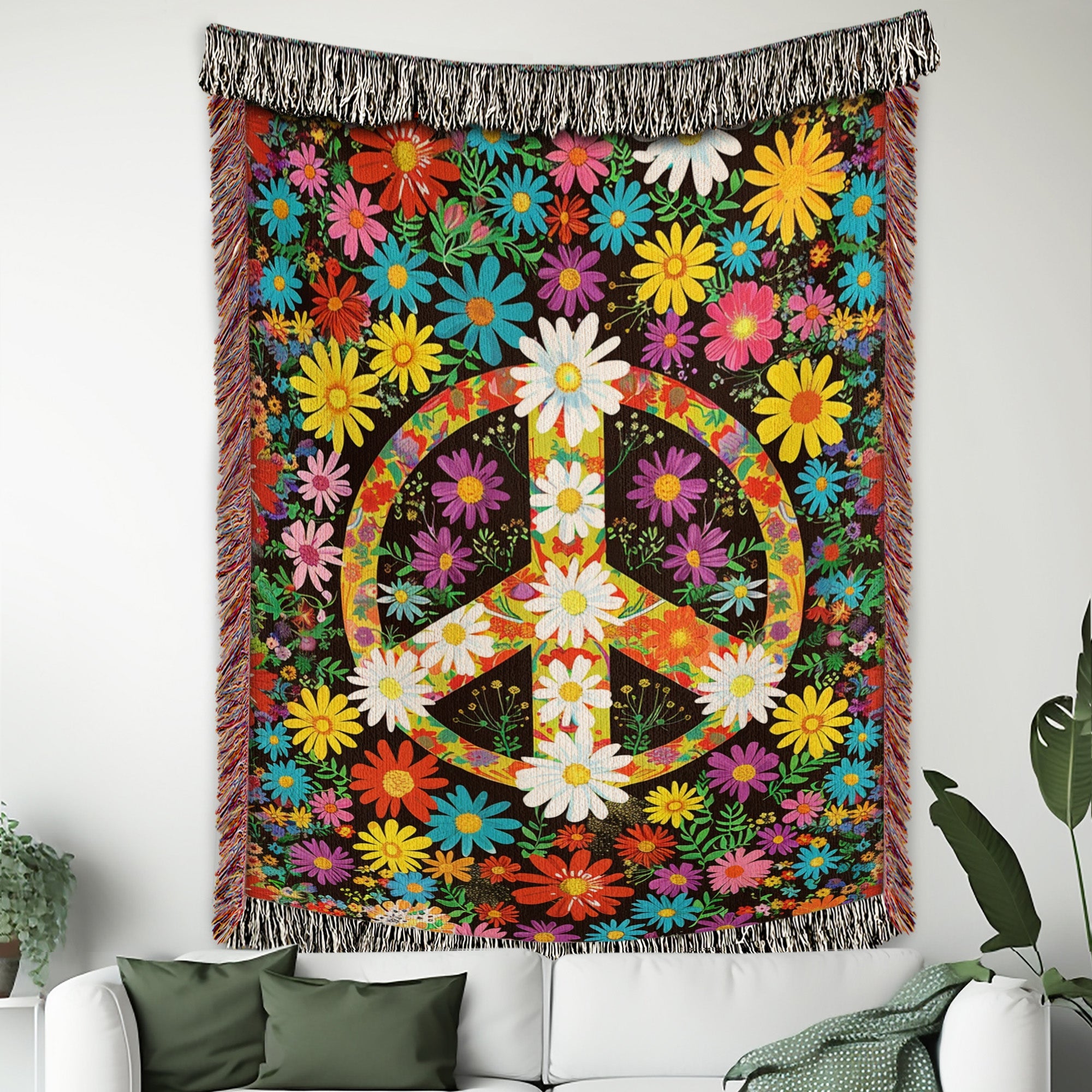 Hippie Flower Peace Woven Blanket