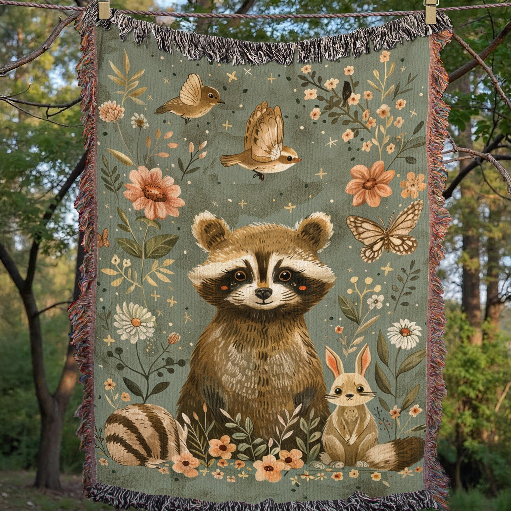 Woodland Raccoon Woven Blanket