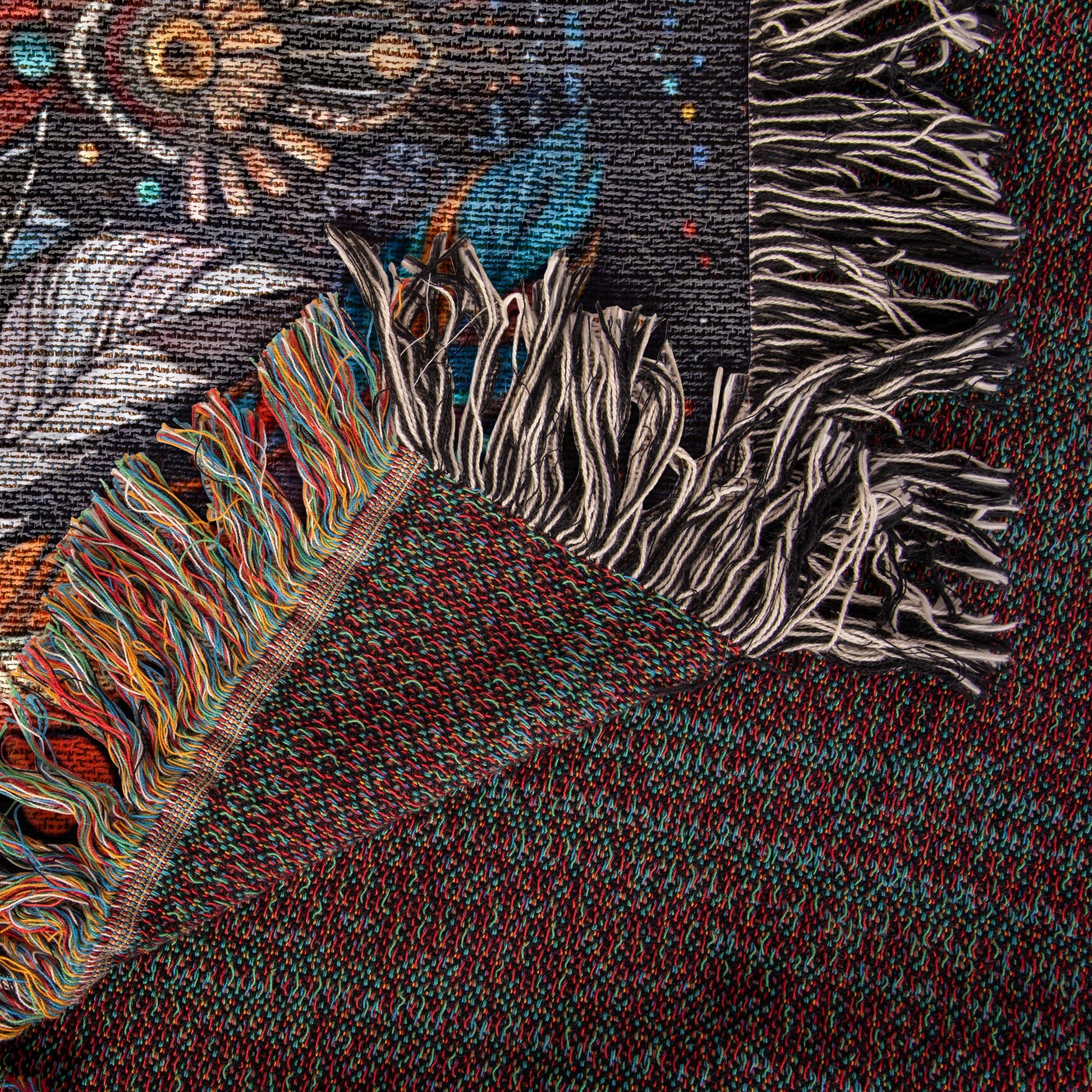 Wolf and vibrant feathers Woven Blanket