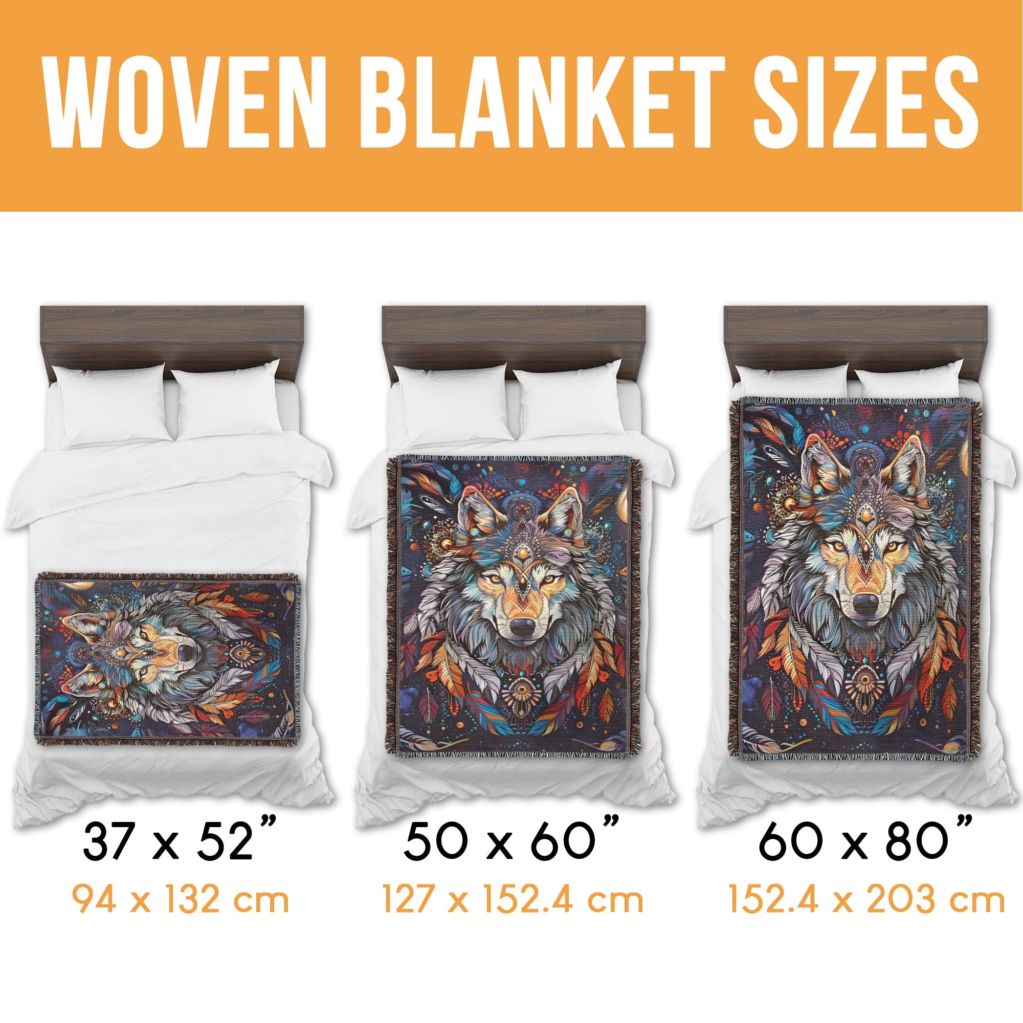 Wolf and vibrant feathers Woven Blanket