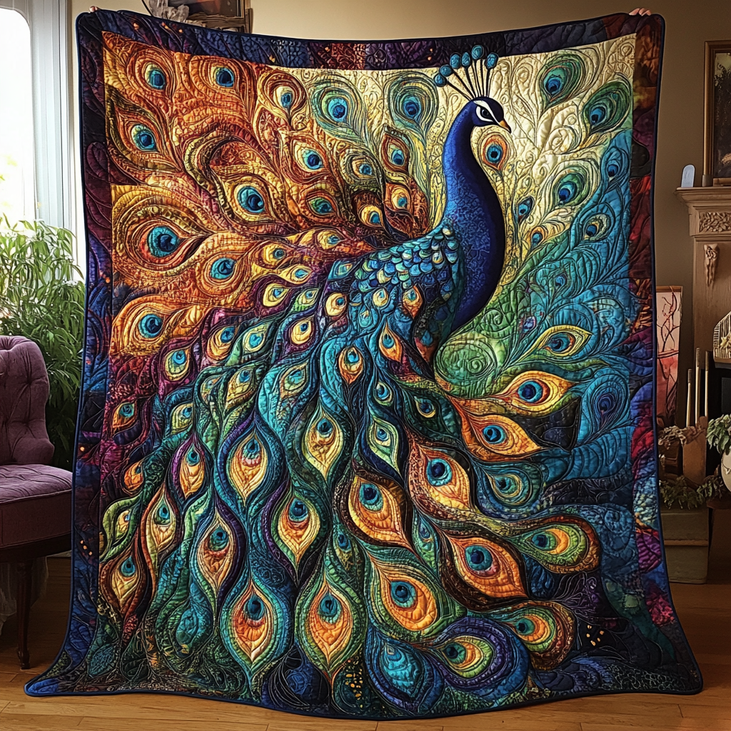 Mystic Feathers Quilted Blanket Christmas Throw Blanket Peacock Theme Gifts Items - Marykun