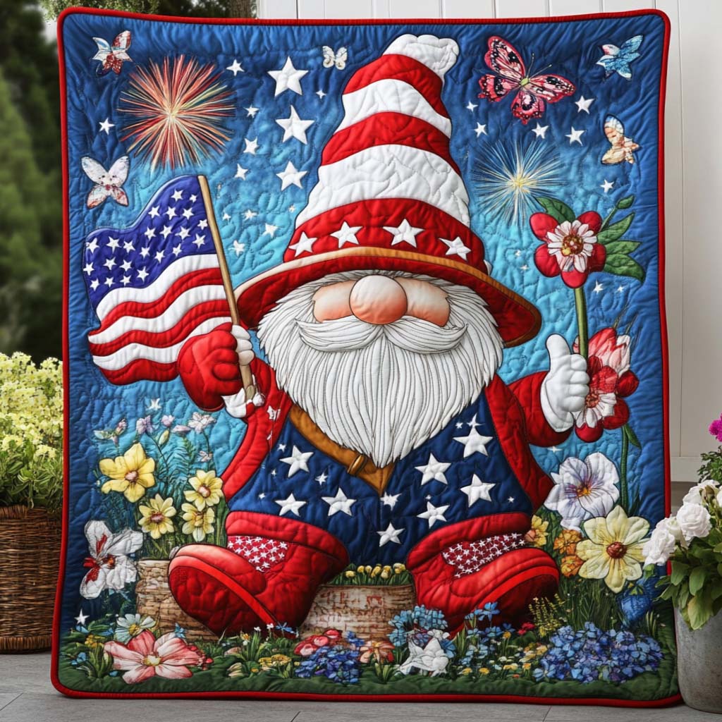 Patriotic Garden Gnome Quilted Blanket Bed Christmas Decor Duck Gifts For Duck Lovers - Marykun