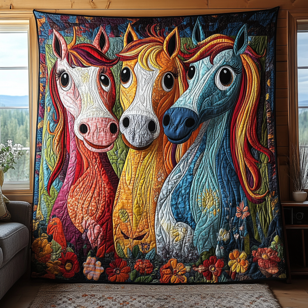 Playful Horse Quilted Blanket Cute Throw Blanket Best Gifts For Horse Owners - Marykun
