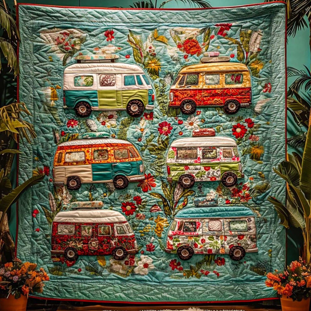 Retro Van Garden Quilted Blanket Christmas Holiday Christmas Ideas For Family - Marykun
