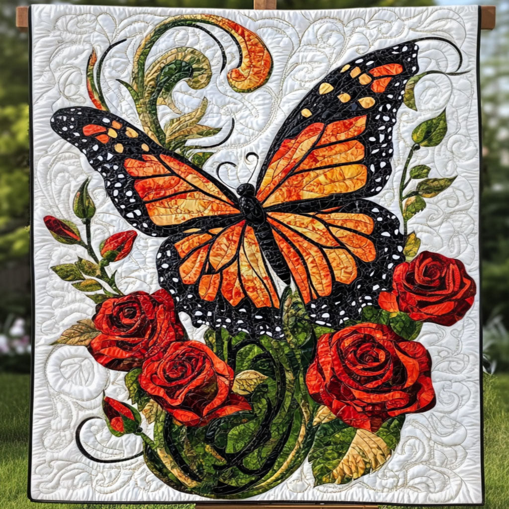 Roses and Monarch Quilted Blanket Best Couch Throw Blanket Butterfly Items For Lovers - Marykun