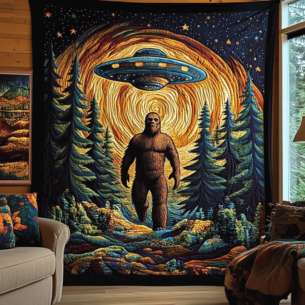 Sasquatch and UFO Cryptic Forest Quilted Blanket Best Couch Throw Blanket Turtle Gifts For Adults - Marykun