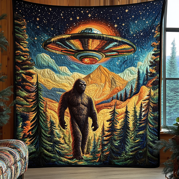 Sasquatch and UFO Encounter Quilted Blanket Cute Throw Blanket Unique Gifts For Nature Lovers - Marykun