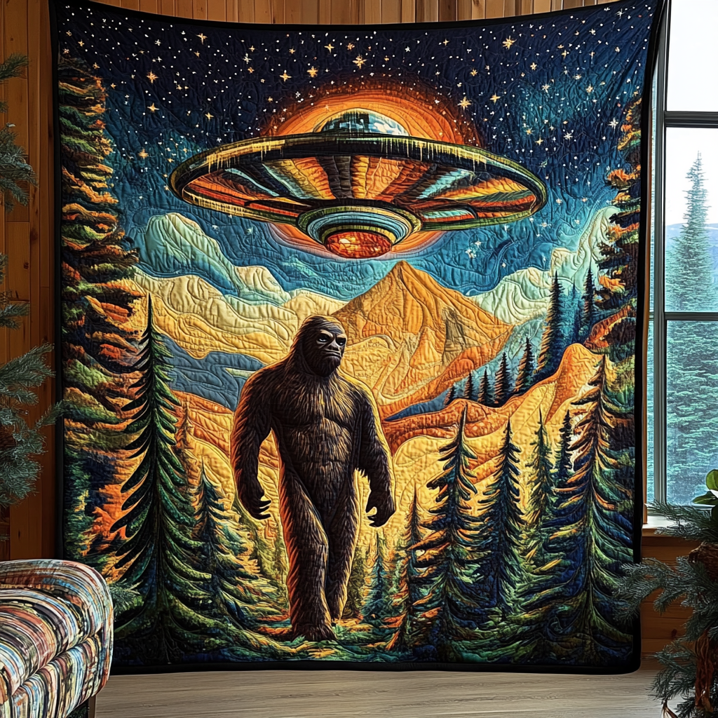 Sasquatch and UFO Encounter Quilted Blanket Cute Throw Blanket Unique Gifts For Nature Lovers - Marykun
