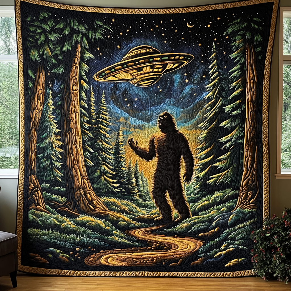 Sasquatch and UFO Glow Quilted Blanket Best Couch Throw Blanket Birthday Gifts For Nature Lovers - Marykun