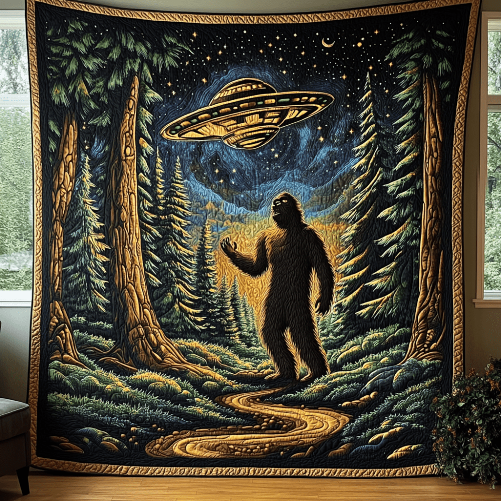 Sasquatch and UFO Glow Quilted Blanket Best Couch Throw Blanket Birthday Gifts For Nature Lovers - Marykun
