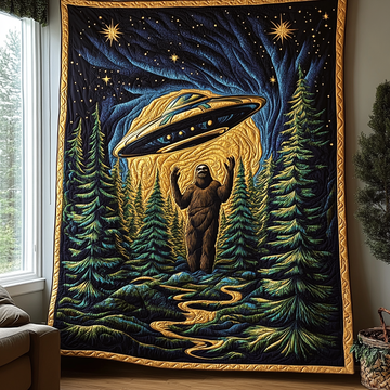 Sasquatch and UFO Quilted Blanket Best Throw Blanket Presents For Nature Lovers - Marykun