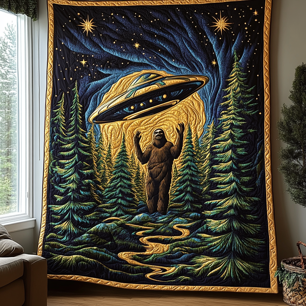 Sasquatch and UFO Quilted Blanket Best Throw Blanket Presents For Nature Lovers - Marykun