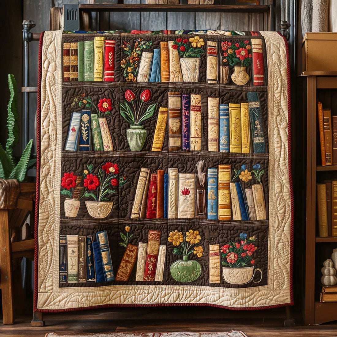 Shelf of Serenity Quilted Blanket Cool Throw Blanket Book Lover Gifts For Women - Marykun