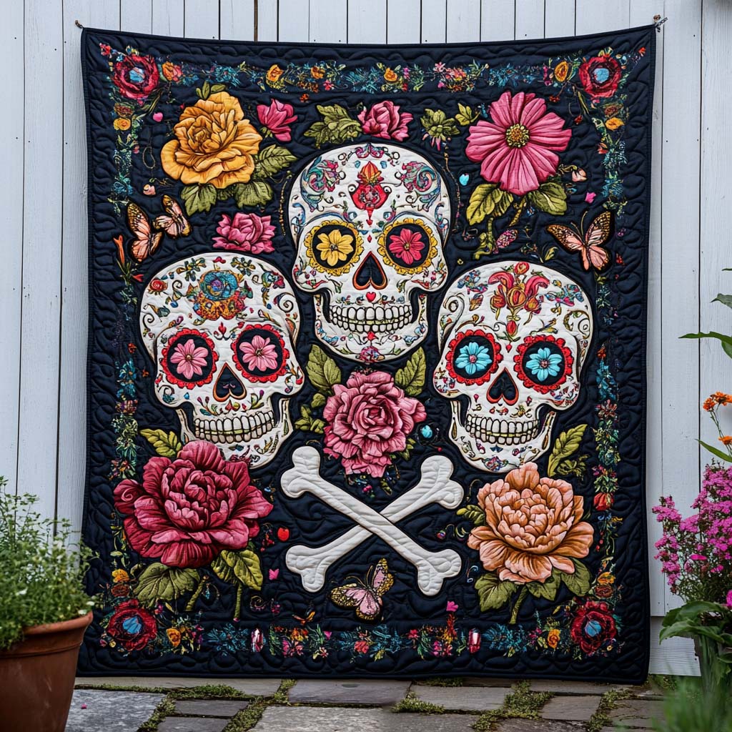 Skull Garden Trio Quilted Blanket Cool Throw Blanket Spooky Gifts For Her - Marykun