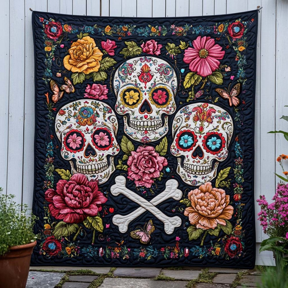 Skull Garden Trio Quilted Blanket Cool Throw Blanket Spooky Gifts For Her - Marykun