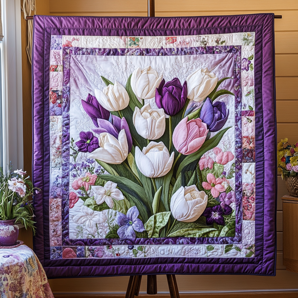 Soft Floral Embrace Quilted Blanket Winter Decor Blanket Gift Ideas For Tulip Lovers - Marykun