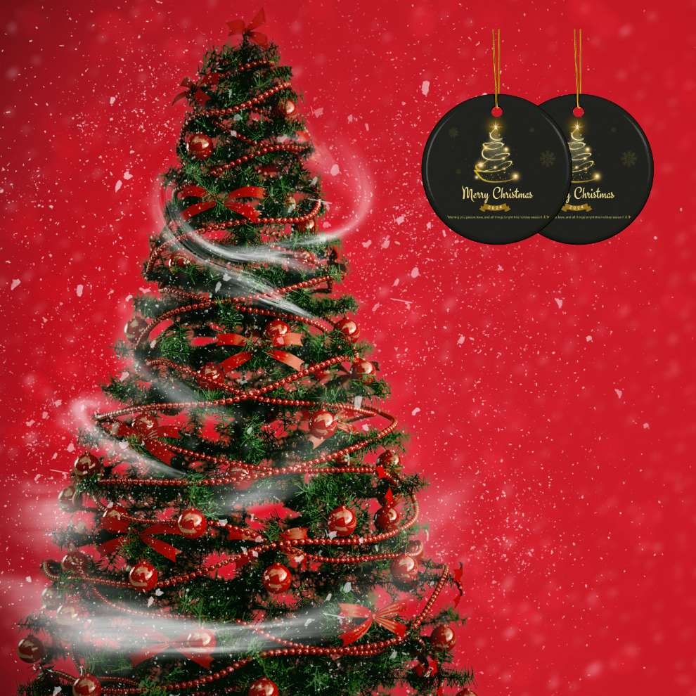 2025 Personalized Black Merry Christmas Circle Ceramic Ornament