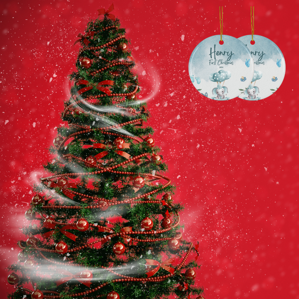 2025 Personalized Baby's First Christmas Turquoise Circle Ceramic Ornament