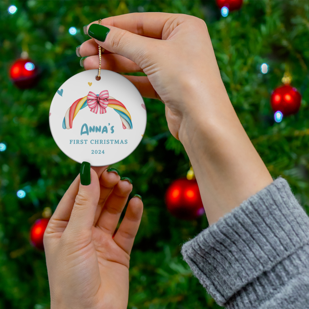 2025 Personalized Baby's First Christmas Rainbow Decoration Circle Ceramic Ornament