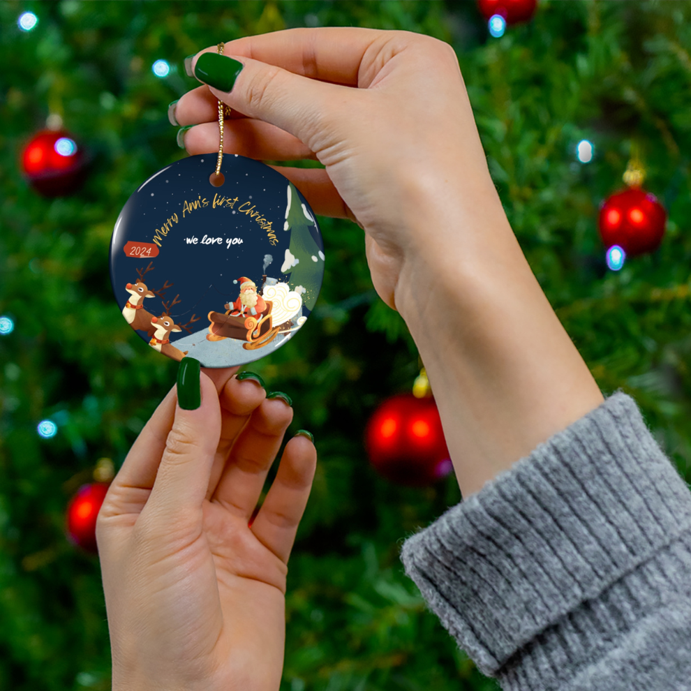 2025 Personalized Baby's First Christmas Navy Circle Ceramic Ornament