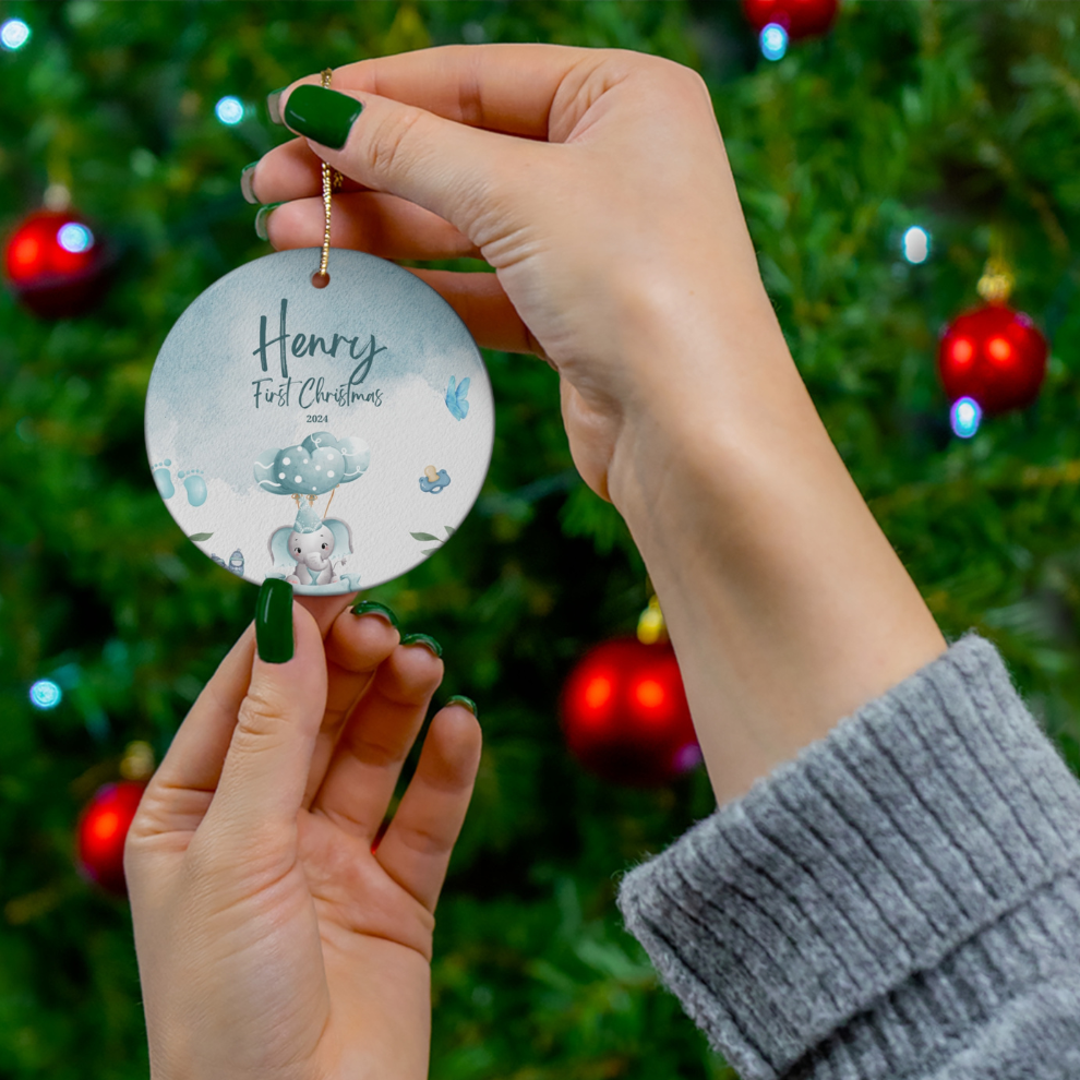 2025 Personalized Baby's First Christmas Turquoise Circle Ceramic Ornament