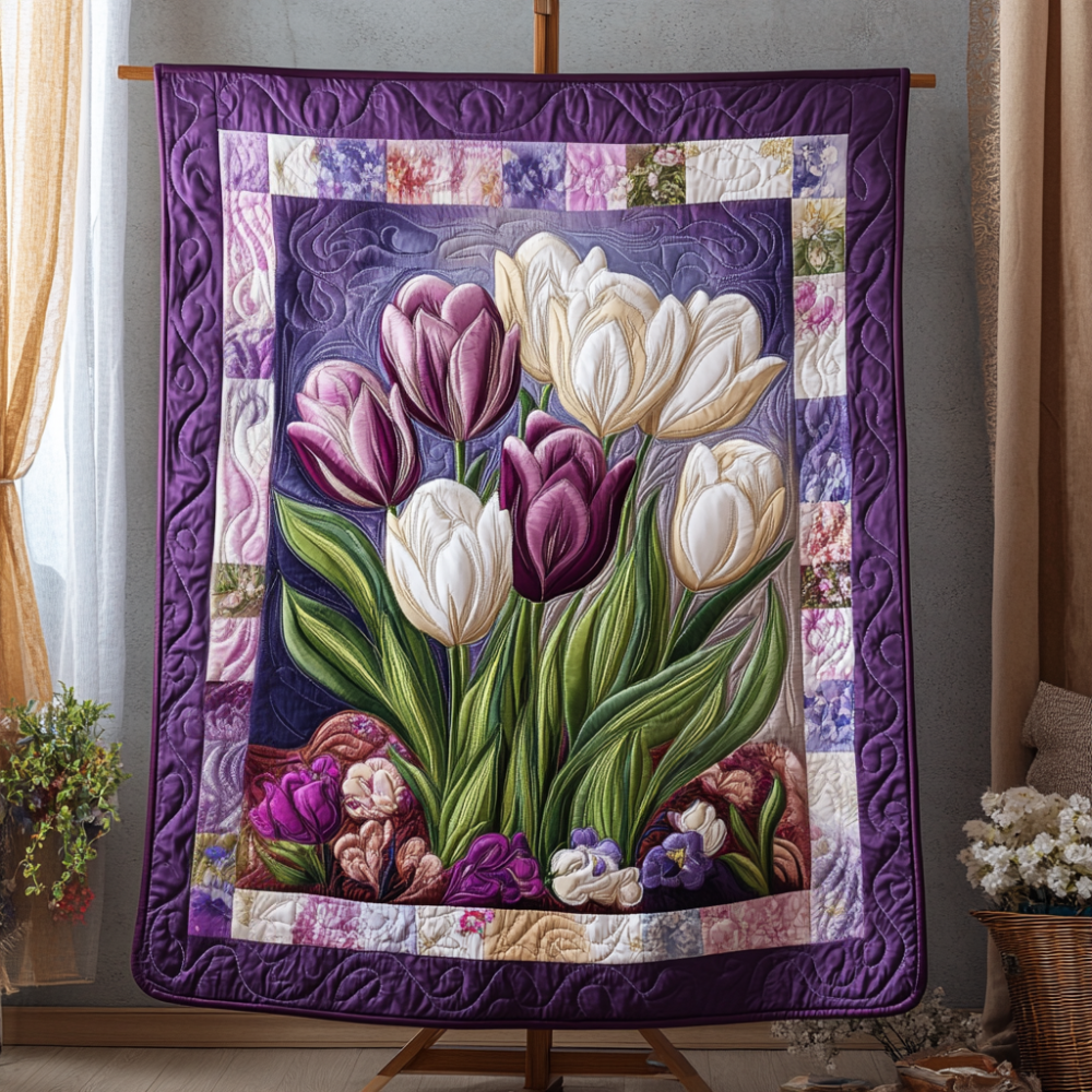 Springtime Comfort Quilted Blanket Christmas Throw Blanket Unique Gifts For Tulip Lovers - Marykun