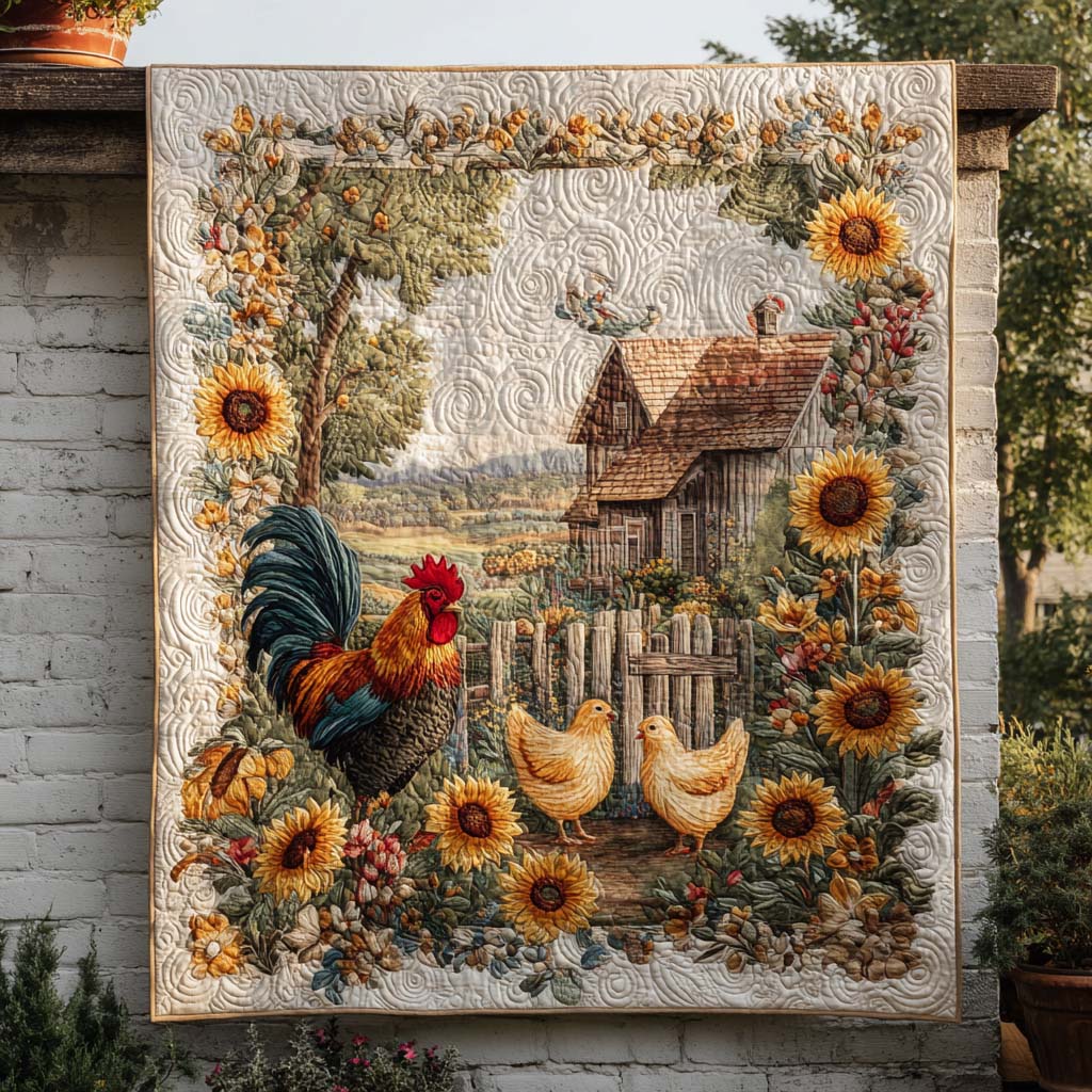 Sunflower Rooster Scene Quilted Blanket Cool Throw Blanket Gifts With Chickens On Them - Marykun
