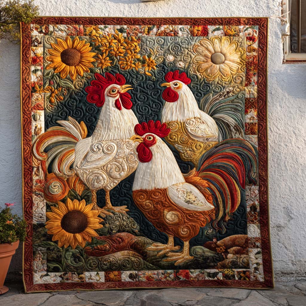 Sunflower Trio Roosters Quilted Blanket Winter Decor Blanket Best Gifts For Chicken Owners - Marykun