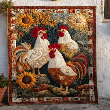 Sunflower Trio Roosters Quilted Blanket Winter Decor Blanket Best Gifts For Chicken Owners - Marykun