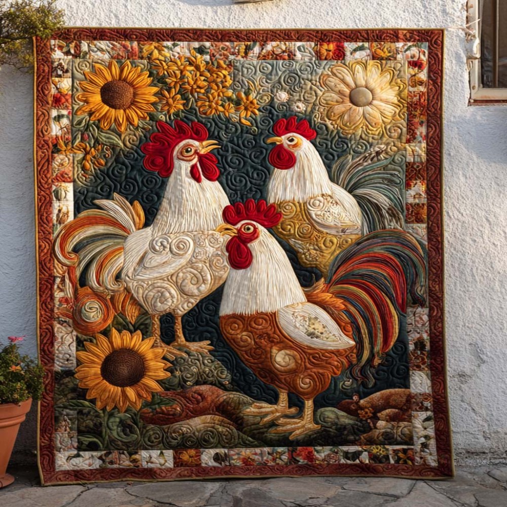 Sunflower Trio Roosters Quilted Blanket Winter Decor Blanket Best Gifts For Chicken Owners - Marykun