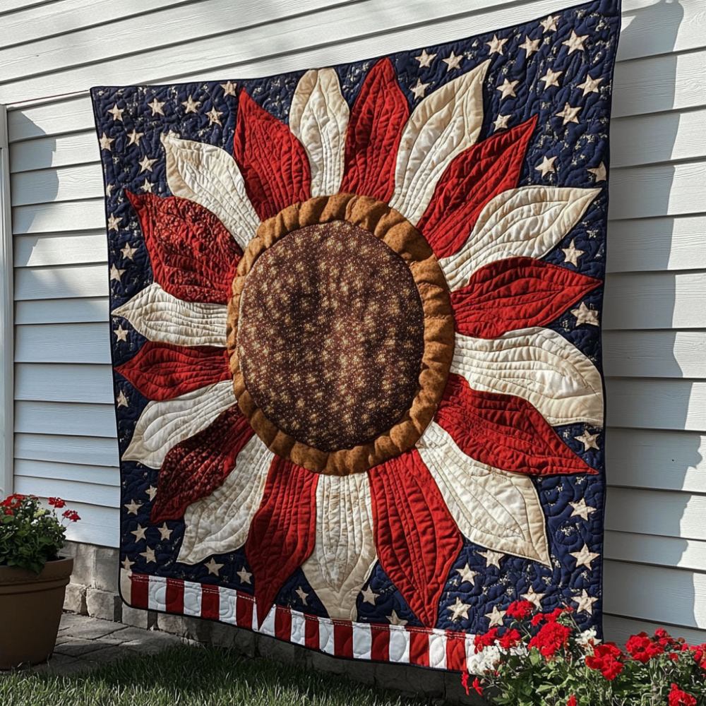 Sunflower Valor Quilted Blanket Holiday Throw Blanket Patriotic Themed Gifts - Marykun