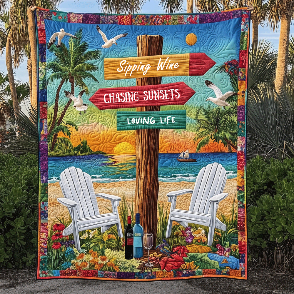 Sunset Seaside Sips Quilted Blanket Bedroom Decor Ocean Themed Christmas Gifts - Marykun