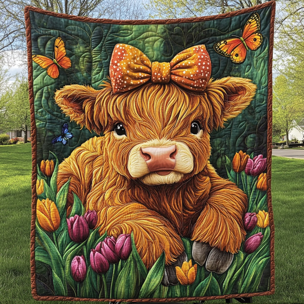 Tulip Field Cuteness Quilted Blanket Cool Throw Blanket Highland Cattle Gifts For Her - Marykun